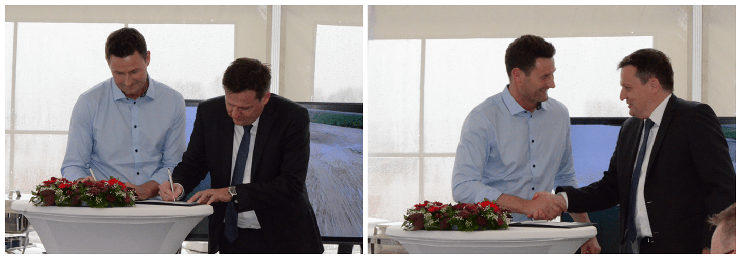Daniel Ruoss & Gerrit Schmidt bei der Unterzeichnungszeremonie für den 65MW Solarpark in Ganzlin Deutschland Daniel Ruoss & Gerrit Schmidt bei der Unterzeichnungszeremonie für den 65MW Solarpark in Ganzlin Deutschland